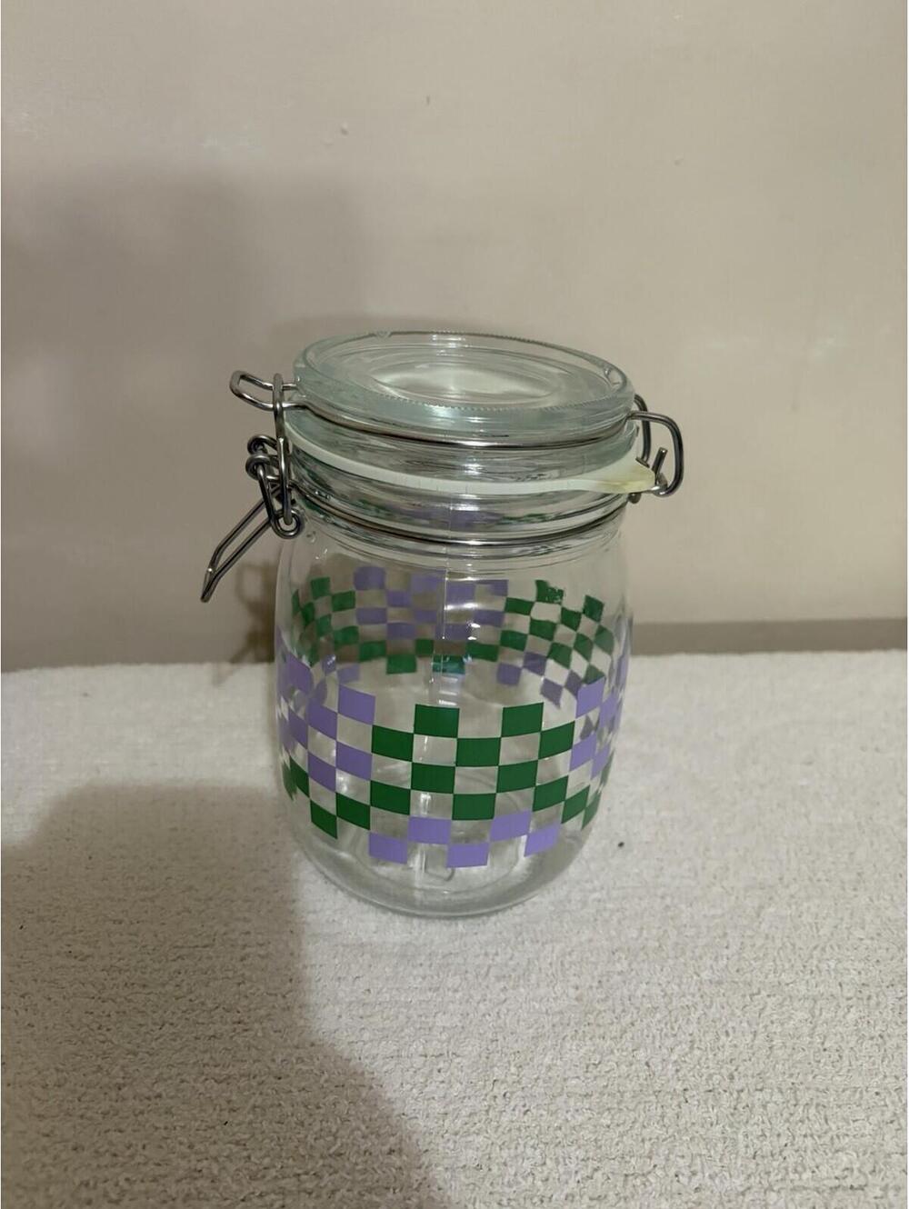IKEA  Hinged Glass Jar With  lid -purple And Green Checkered